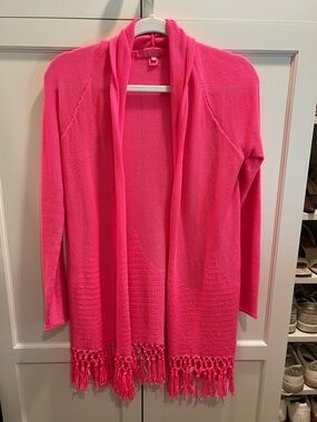 Lilly Pulitzer Bright Pink Open-Front Fringe Cardigan